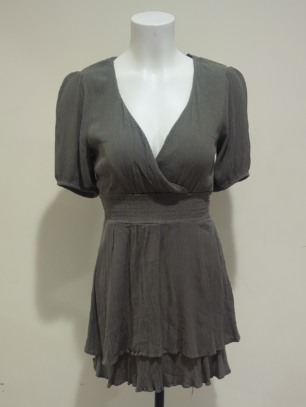 Gray V-Neck Mini Dress with Smocked Waist